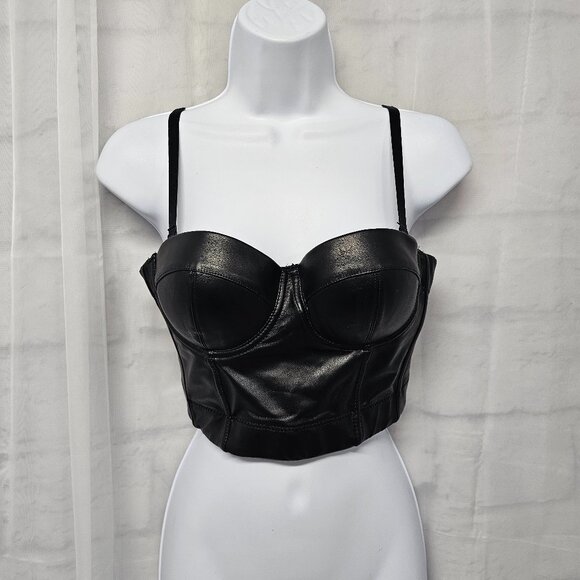 Black Faux Leather Tank Crop Vamp Grunge Punk Goth Pushup 34B - Picture 1 of 10